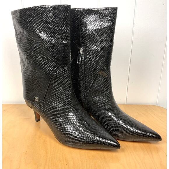 Franco Sarto Alberta Bootie in Black Lizard Womens Calf High Boots Kitten Heel - Picture 1 of 9